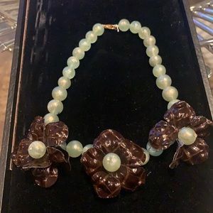 Mint color beads with brown leather flowers necklace